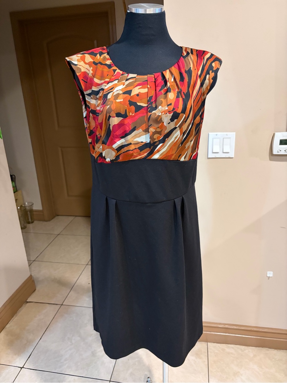AB Studio Black Dress with Orange, Red and Tan Printed Bodice